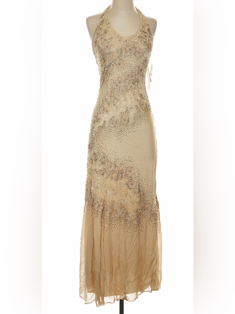 Vintage 90s y2k Sue Wong silk lace and sequin embellished maxi halter dress